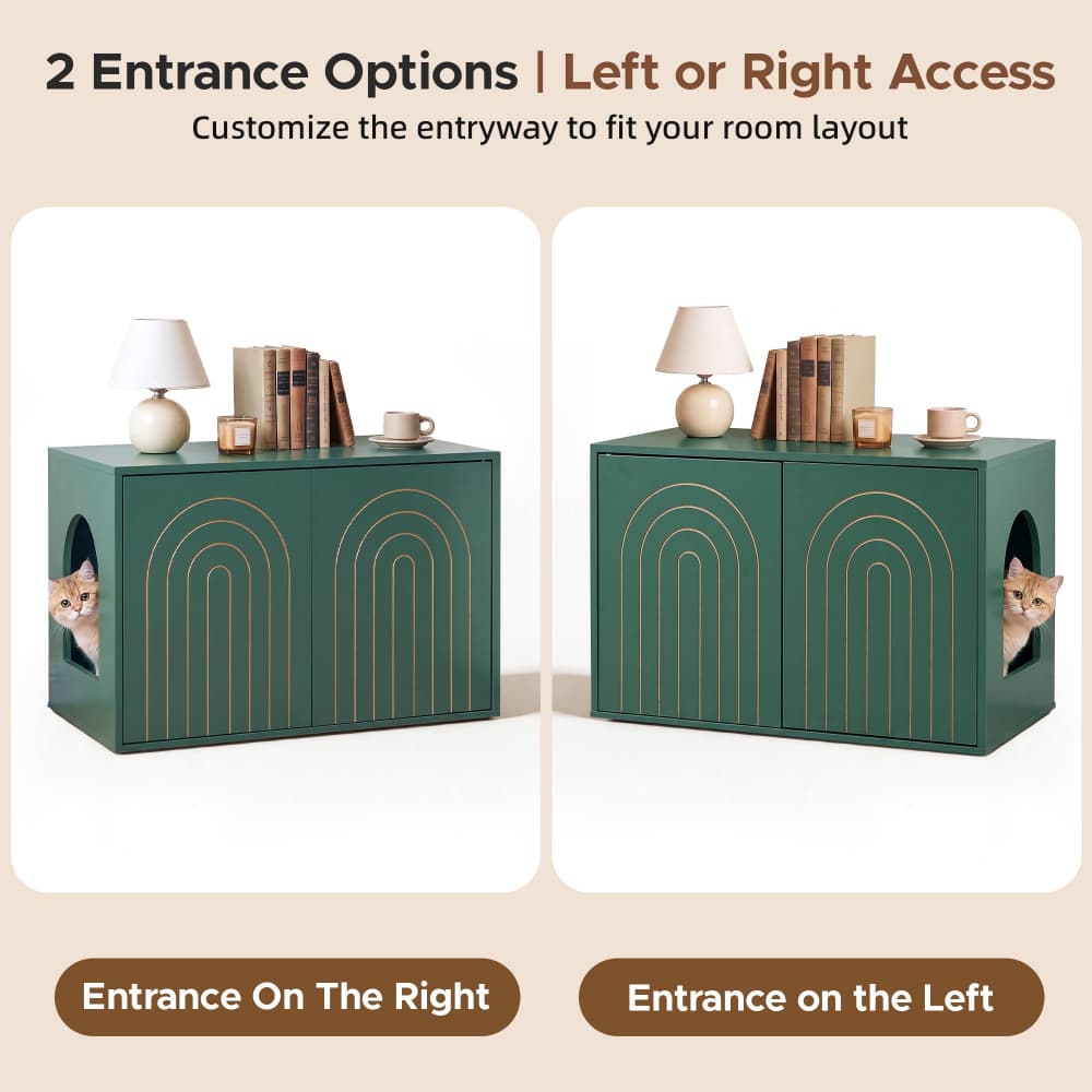 Green 31.5" Hidden Cat Litter Box Enclosure Push-to-Open Double Doors Fluted Arched Fluted Design