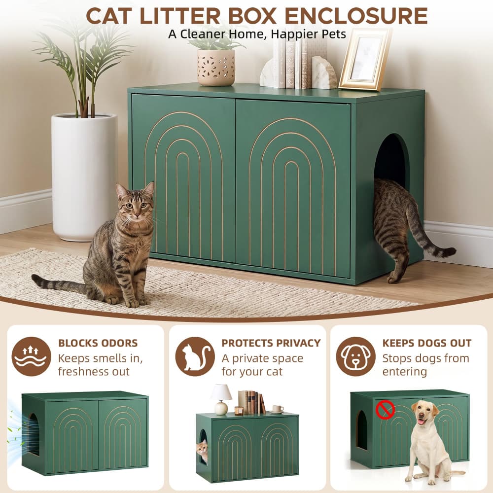 Green 31.5" Hidden Cat Litter Box Enclosure Push-to-Open Double Doors Fluted Arched Fluted Design