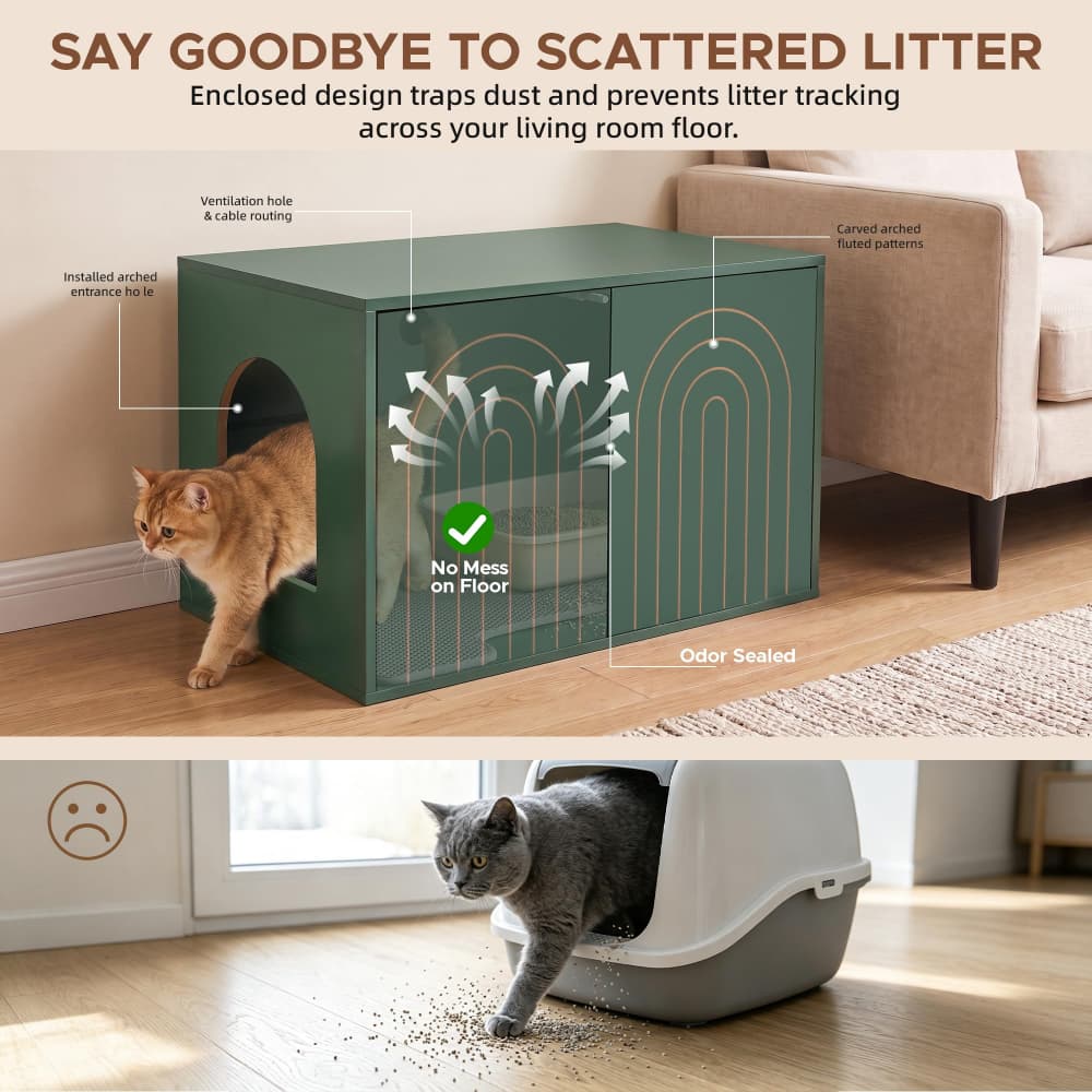Green 31.5" Hidden Cat Litter Box Enclosure Push-to-Open Double Doors Fluted Arched Fluted Design