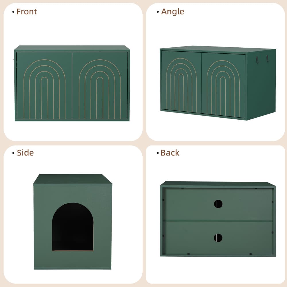 Green 31.5" Hidden Cat Litter Box Enclosure Push-to-Open Double Doors Fluted Arched Fluted Design