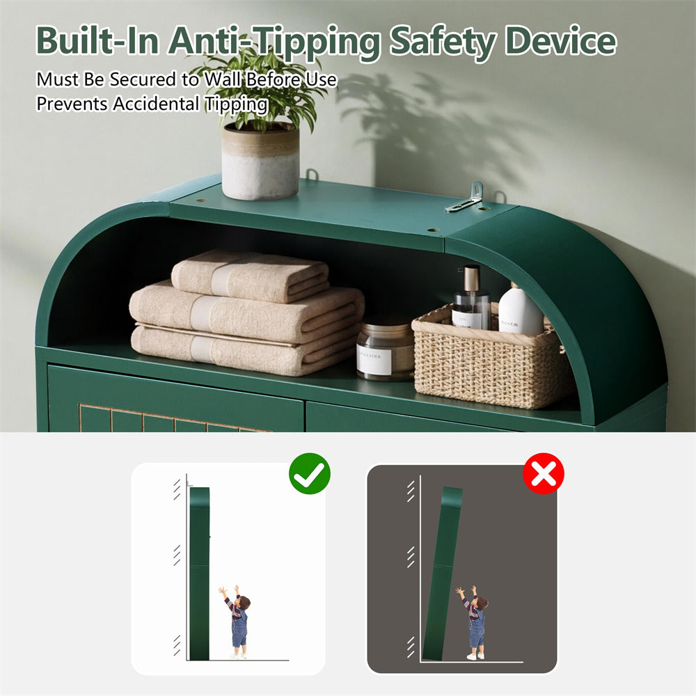 Green shelf with built-in anti-tipping safety device, showing correct and incorrect usage.