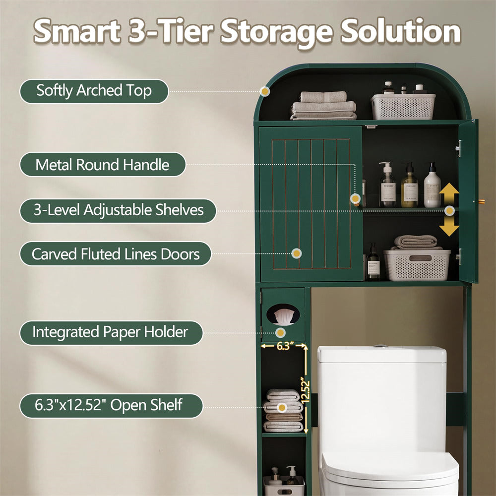 Green 3-tier storage solution with shelves and a handle, featuring text on its features.