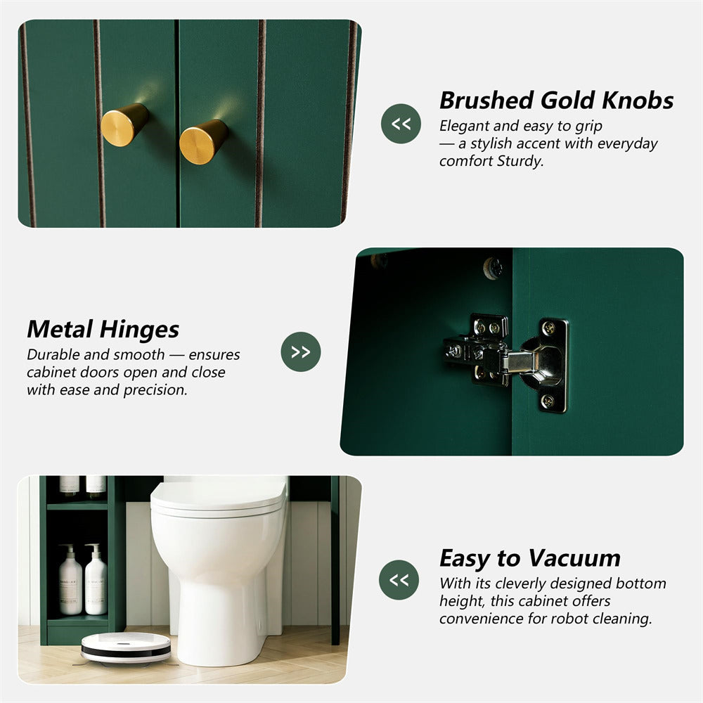 Green cabinet with brushed gold knobs, metal hinges, and a white toilet underneath.