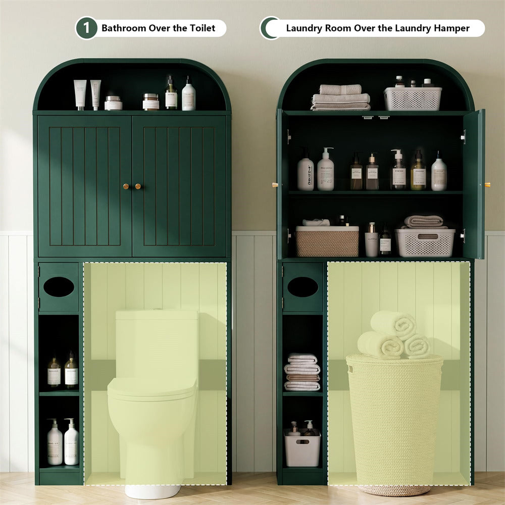 Green storage cabinet with shelves and doors in a bathroom and laundry room setting.