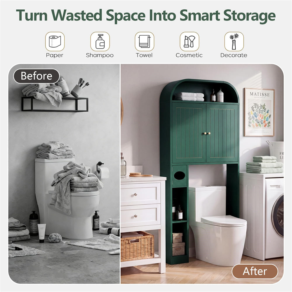 Bathroom transformation from 'Before' to 'After' with a green storage cabinet.