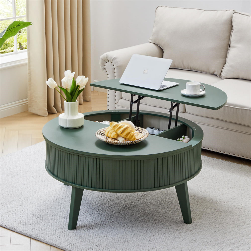 Green coffee table with a laptop, cup, and snacks in a living room setting.
