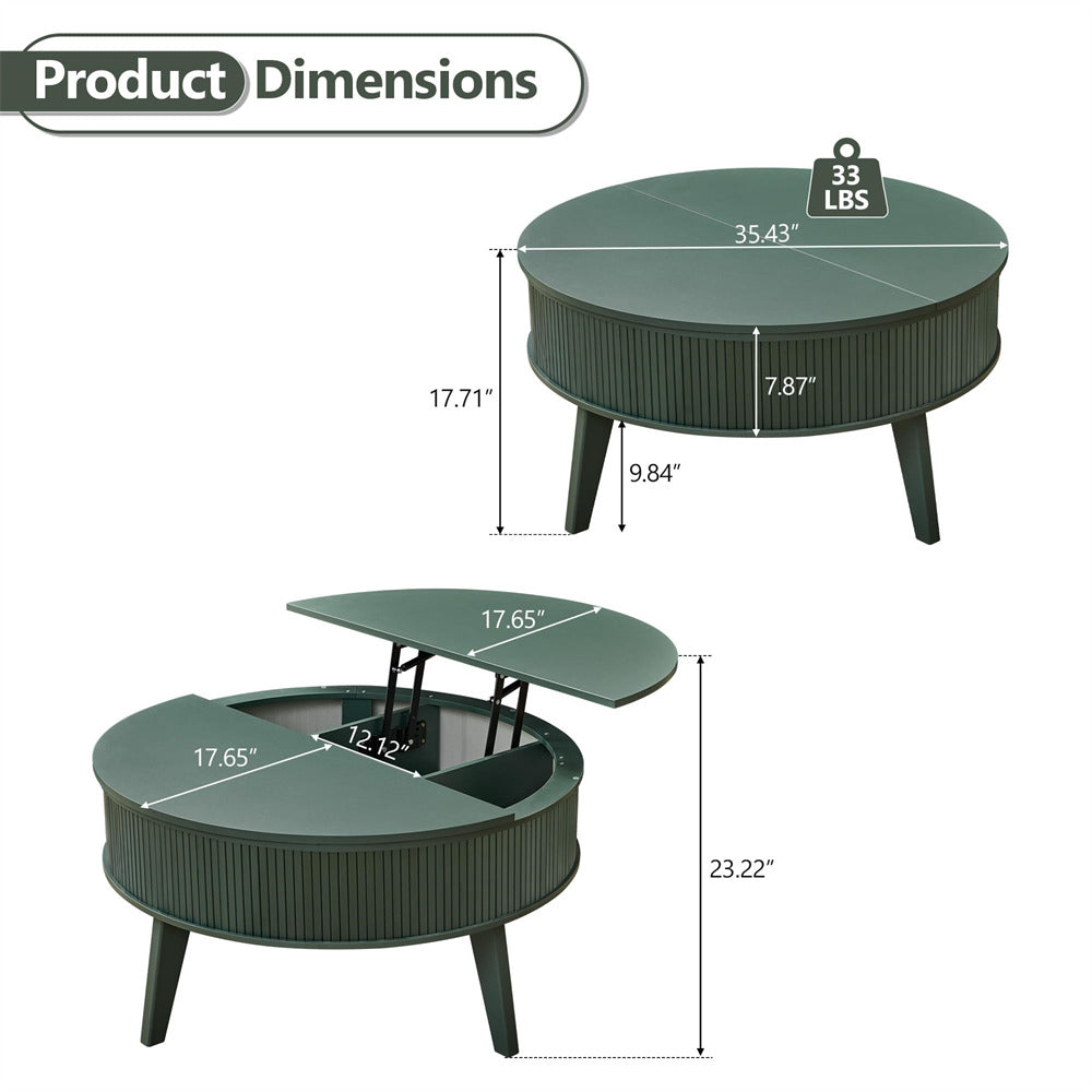 Green round coffee table with dimensions and weight label on a white background