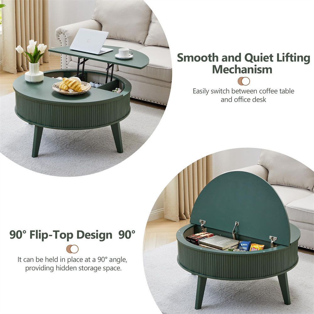 Green coffee table with 90-degree flip-top design in a living room setting.