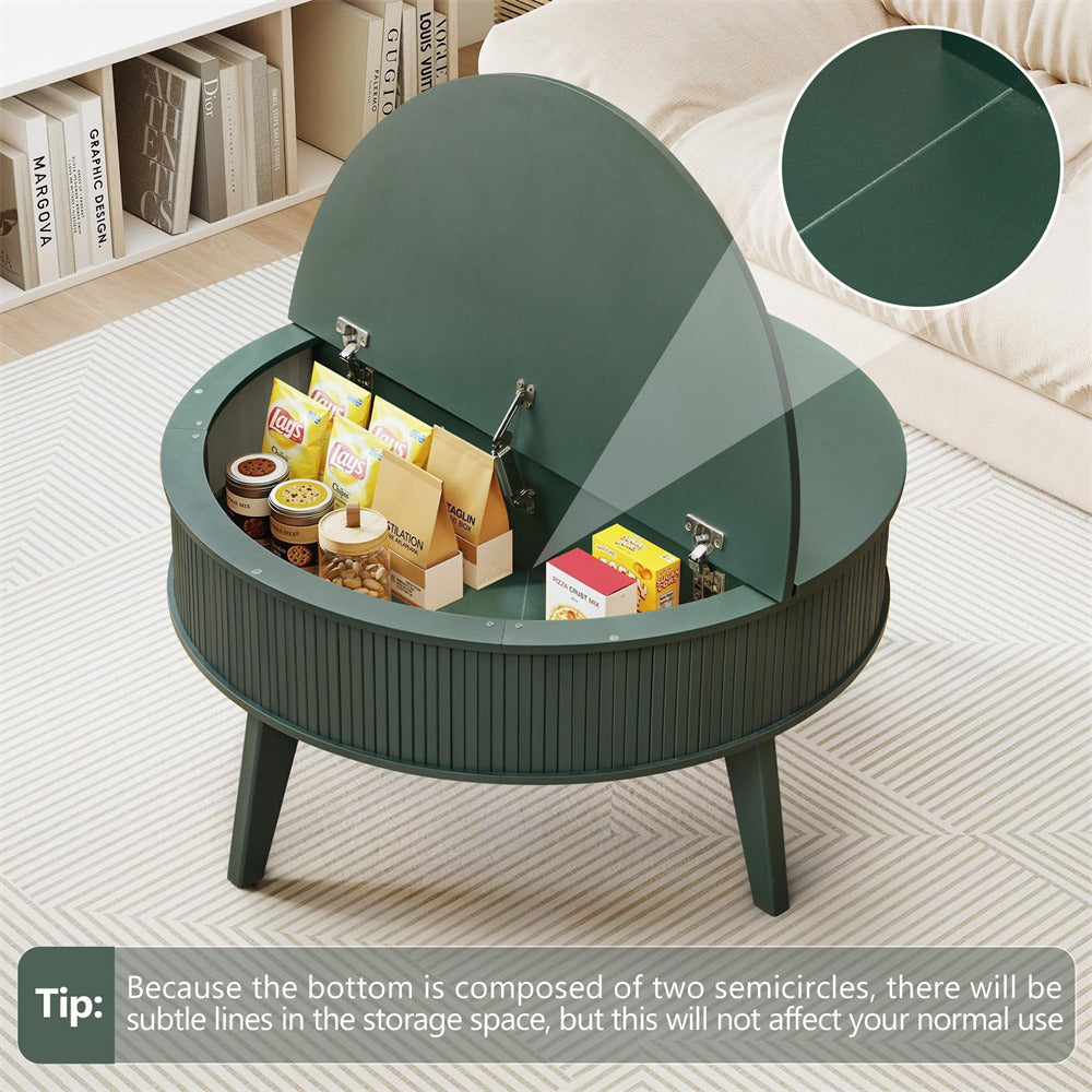 Green round coffee table with storage compartments in a living room setting.