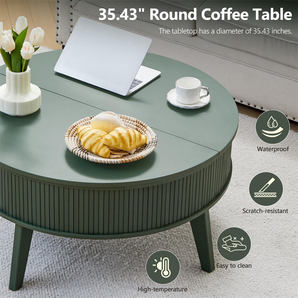 Round coffee table with a laptop, cup, and bread on top, surrounded by lifestyle elements.