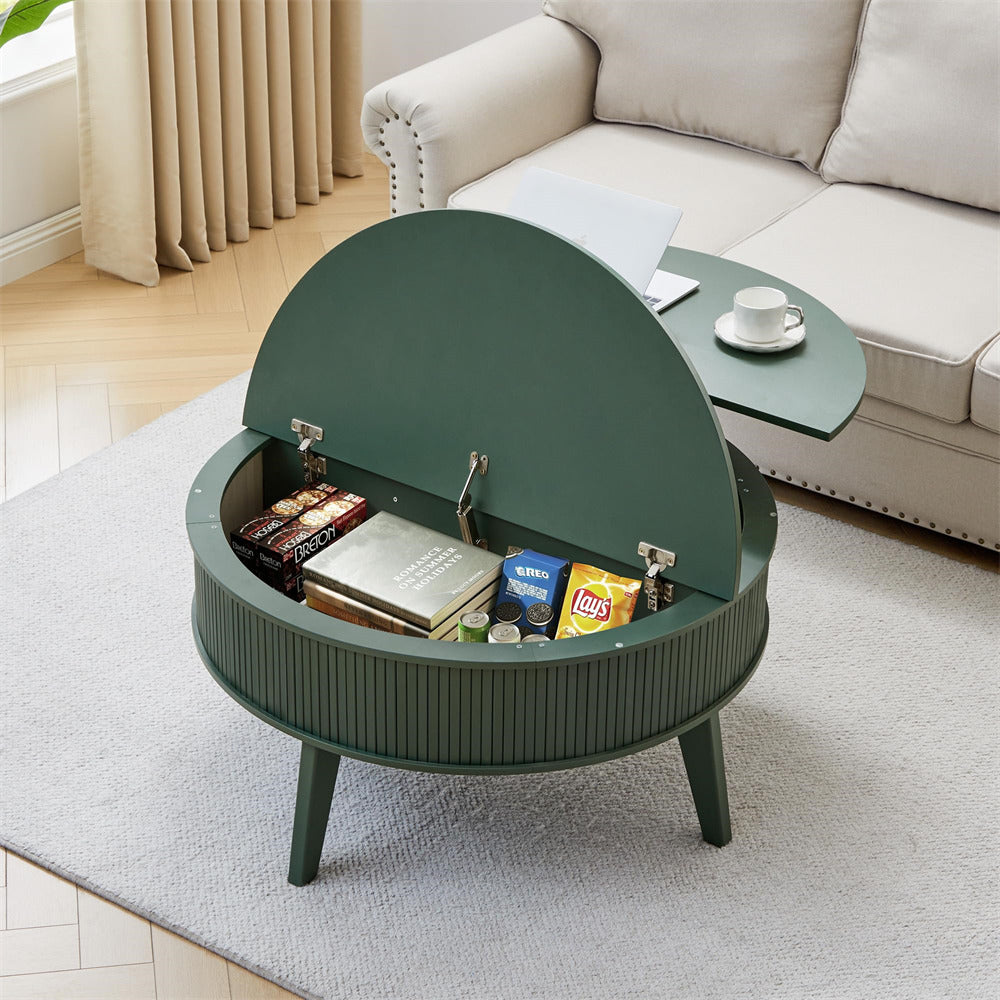 Green round coffee table with storage compartment in a living room setting.