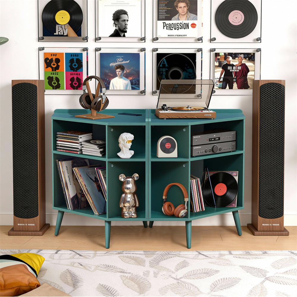 Green 3 Tier Mid Century Modern Vinyl Corner Record Player Stand with Charging Station & USB Ports