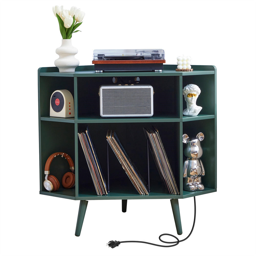 Green 3 Tier Mid Century Modern Vinyl Corner Record Player Stand with Charging Station & USB Ports