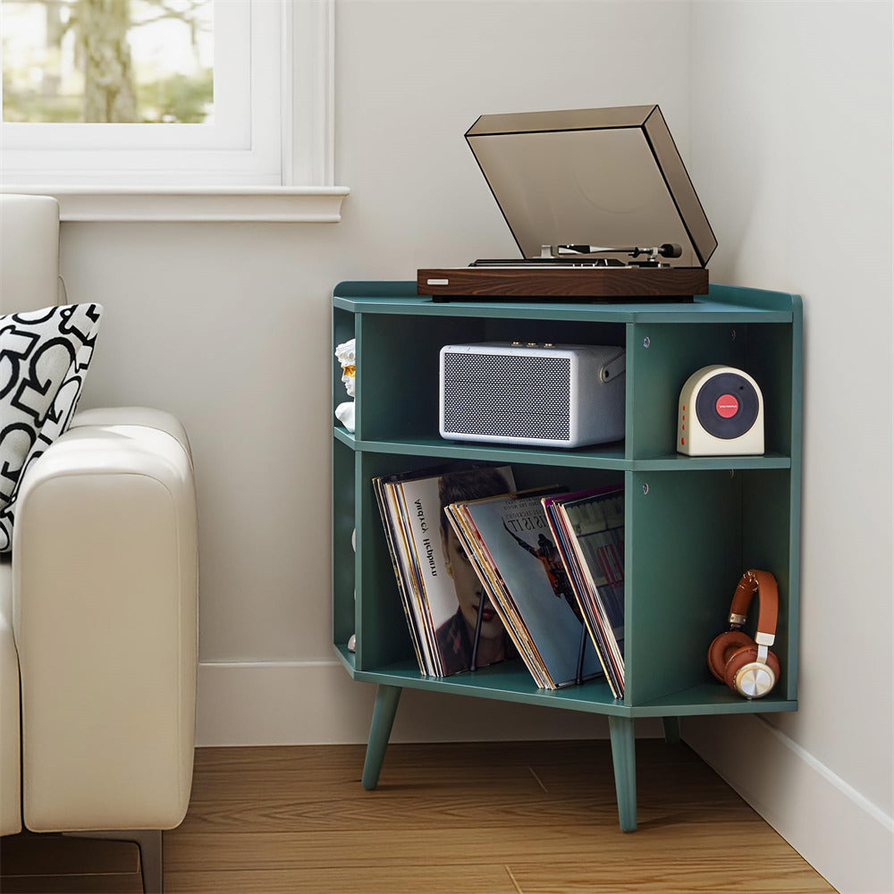 Green 3 Tier Mid Century Modern Vinyl Corner Record Player Stand with Charging Station & USB Ports