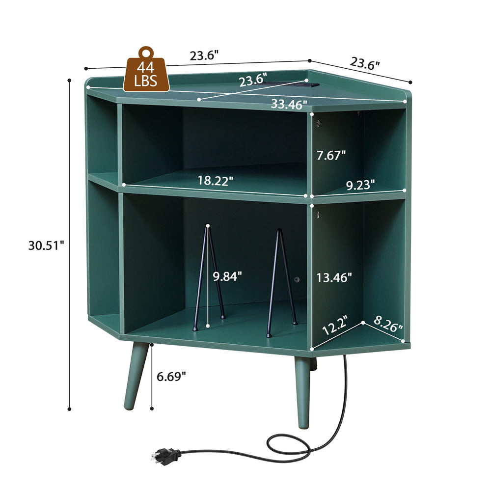 A teal green two-tier side cabinet with dimension labels, weight indicator showing 44 LBS, and power cord visible on a white background.