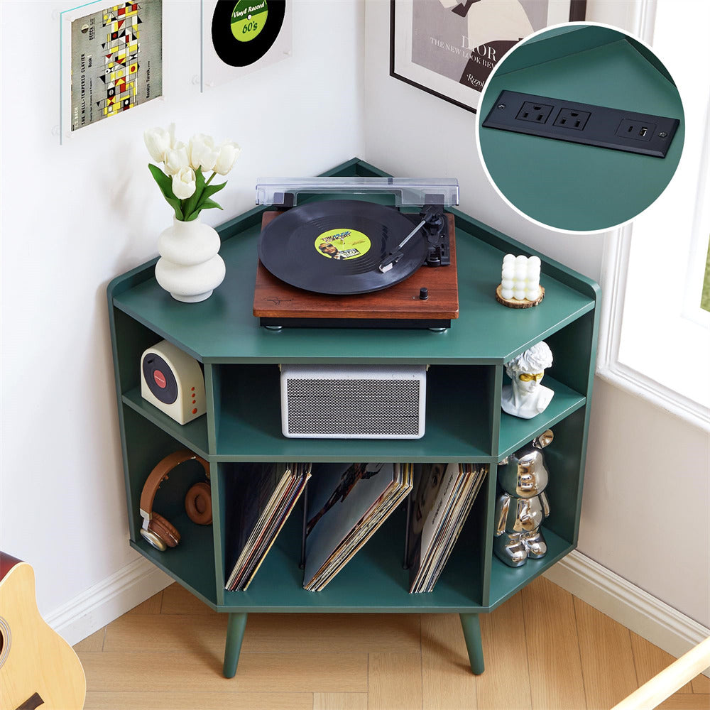 Green 3 Tier Mid Century Modern Vinyl Corner Record Player Stand with Charging Station & USB Ports