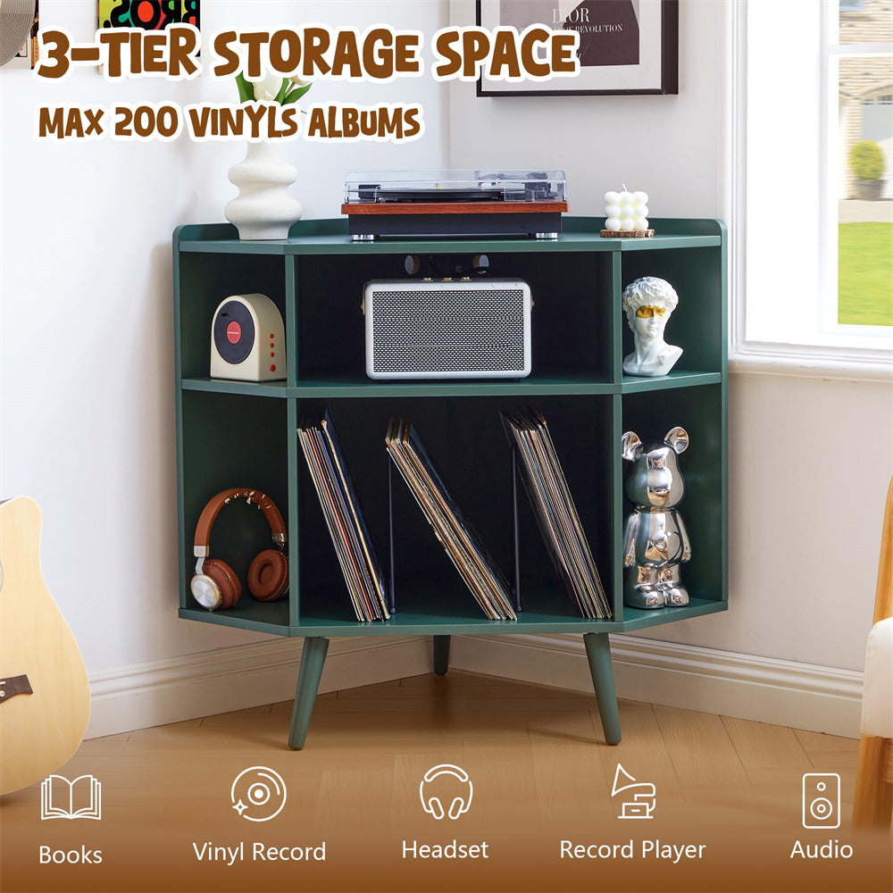 Green 3 Tier Mid Century Modern Vinyl Corner Record Player Stand with Charging Station & USB Ports