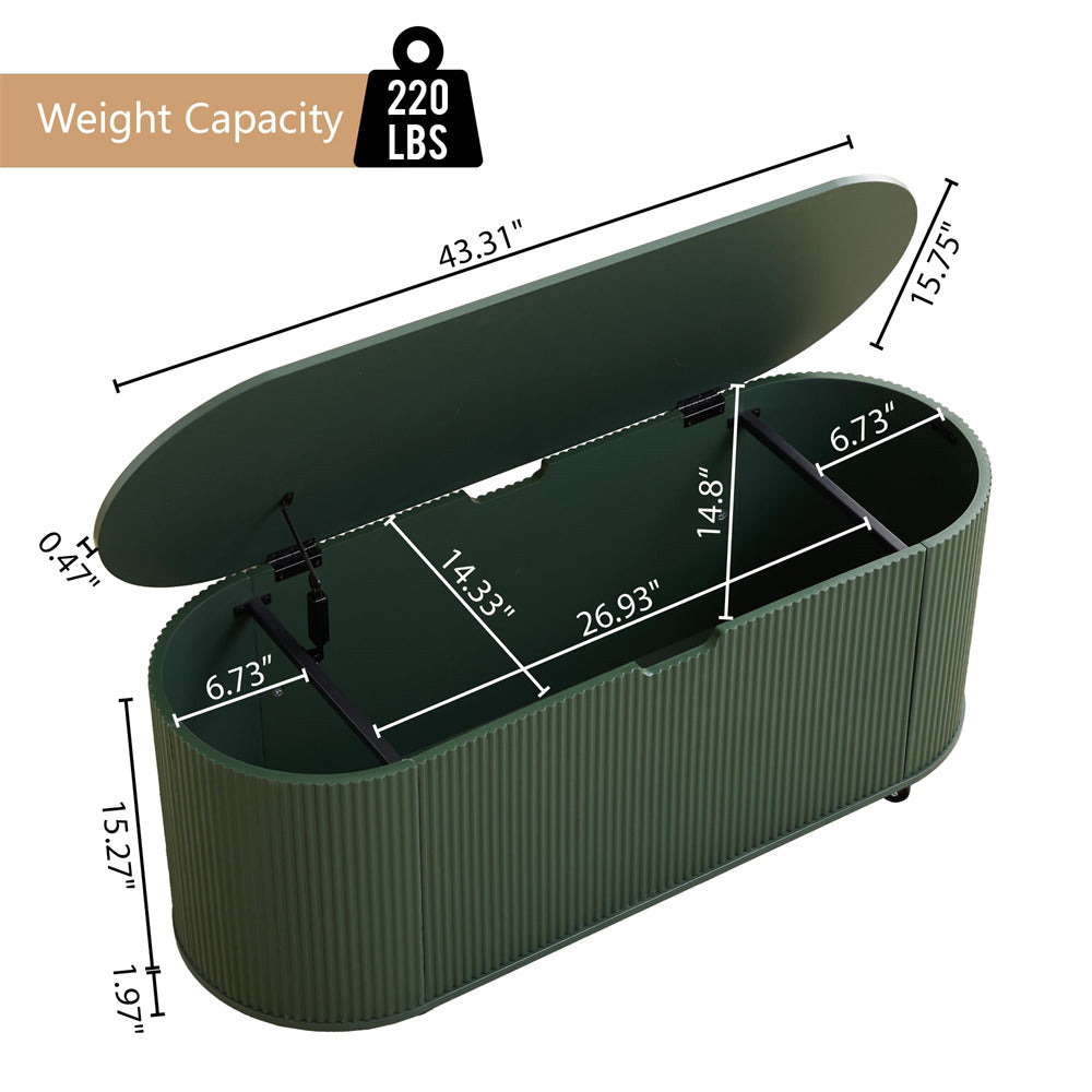 Green storage bench with dimensions and weight capacity label on a white background