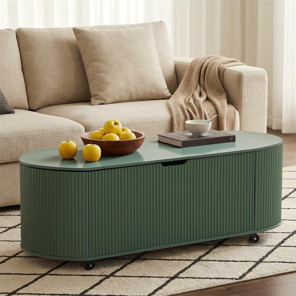 Green coffee table with fruit and a bowl on a beige sofa in a living room.