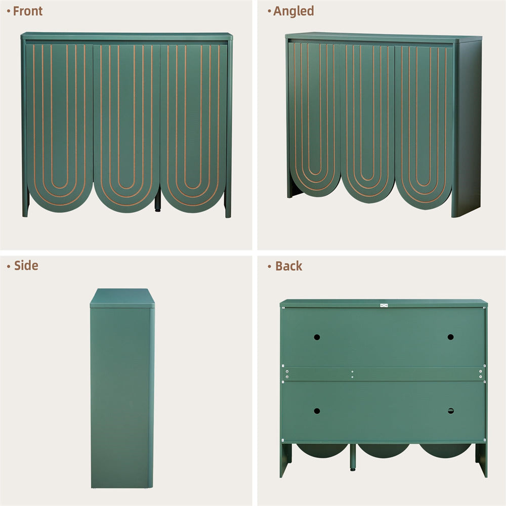 A four-panel product view of a green cabinet or storage unit on a light beige background, showing front, angled, side, and back views with small labels.