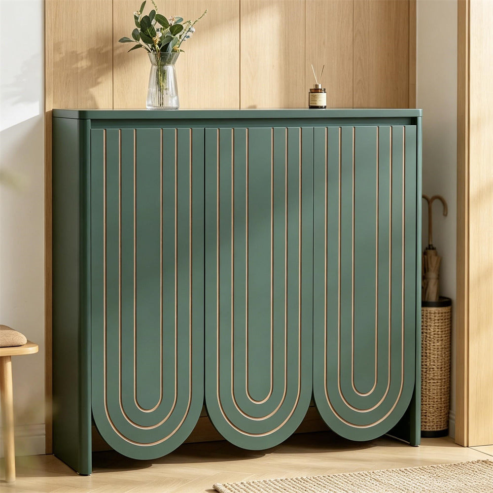 Green 47" Mid-Century Modern Wooden Large Shoe Cabinet with Adjustable Shelves with 3 Arched Doors