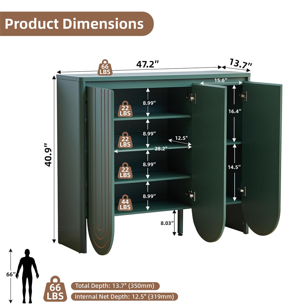 Product dimensions diagram of a dark green 4-door cabinet with open shelves, showing measurements in inches and weight capacity of 66 lbs per door.
