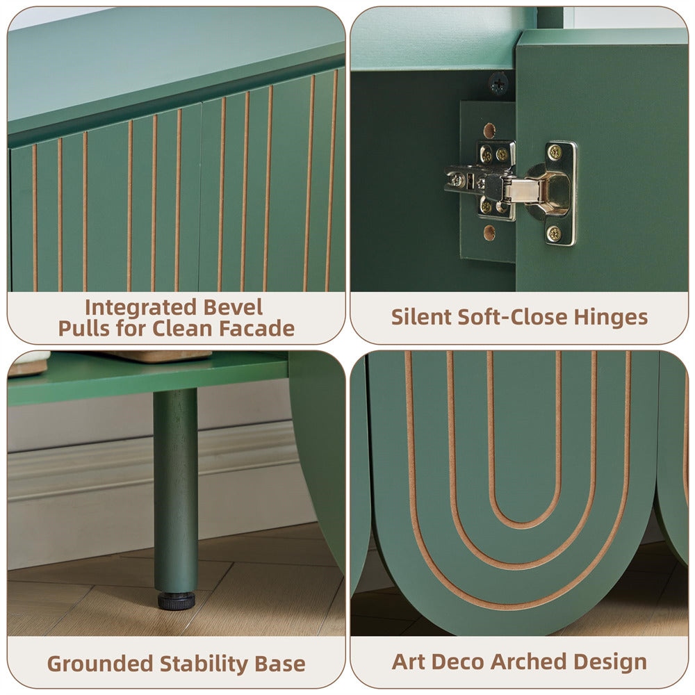 Four-panel close-up collage of a teal green cabinet or sideboard, showing the integrated bevel pull, hinge hardware, a leg detail, and the arched Art Deco front with text callouts.