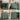 A four-panel collage showing a green entryway cabinet in different real-world settings: hallway, bedroom, mudroom, and apartment. The cabinet has scalloped lower panels with curved gold line accents, a top shelf for decor, and an open side compartment for shoes and boots.