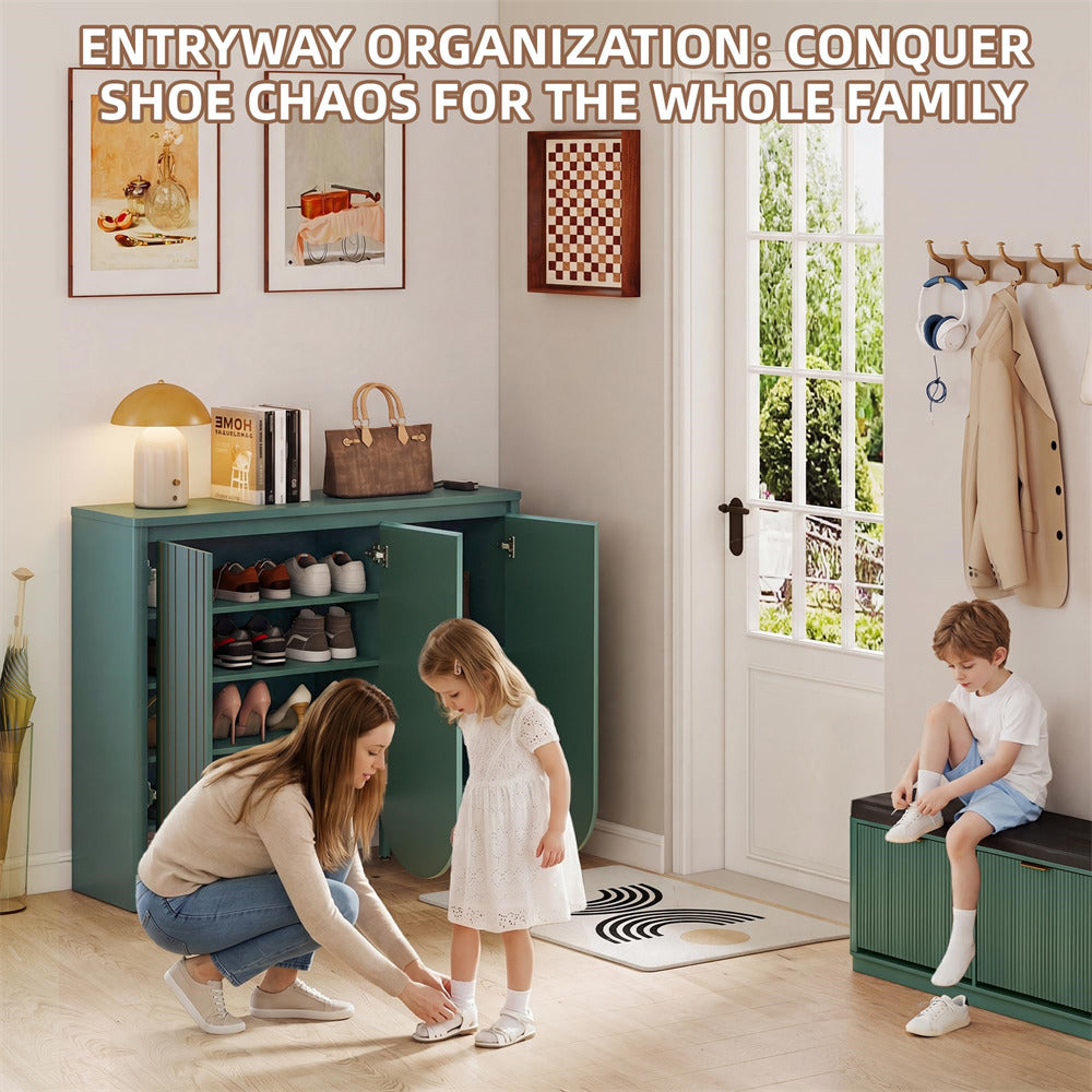 A family scene in a bright entryway with a teal shoe storage cabinet, children, and the text 'ENTRYWAY ORGANIZATION: CONQUER SHOE CHAOS FOR THE WHOLE FAMILY' at the top.
