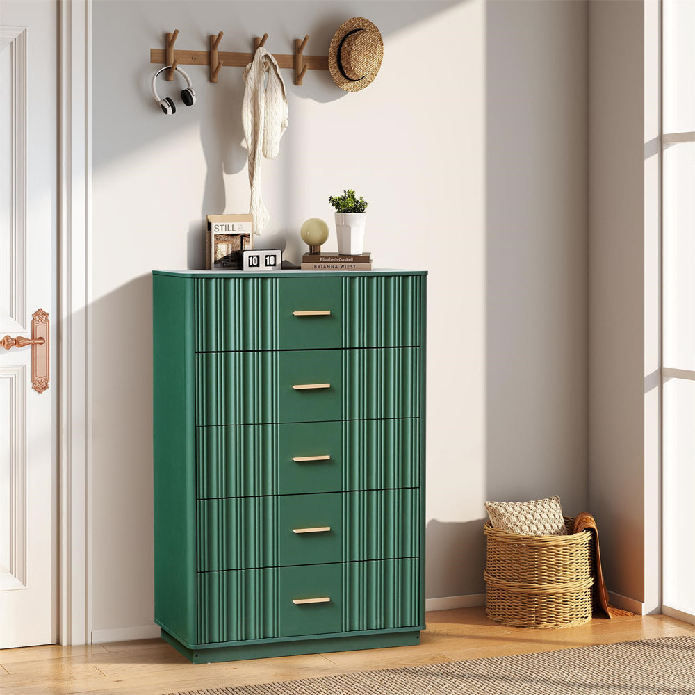 Green 5 drawers dresser with multiple drawers in a room with a coat rack and basket.