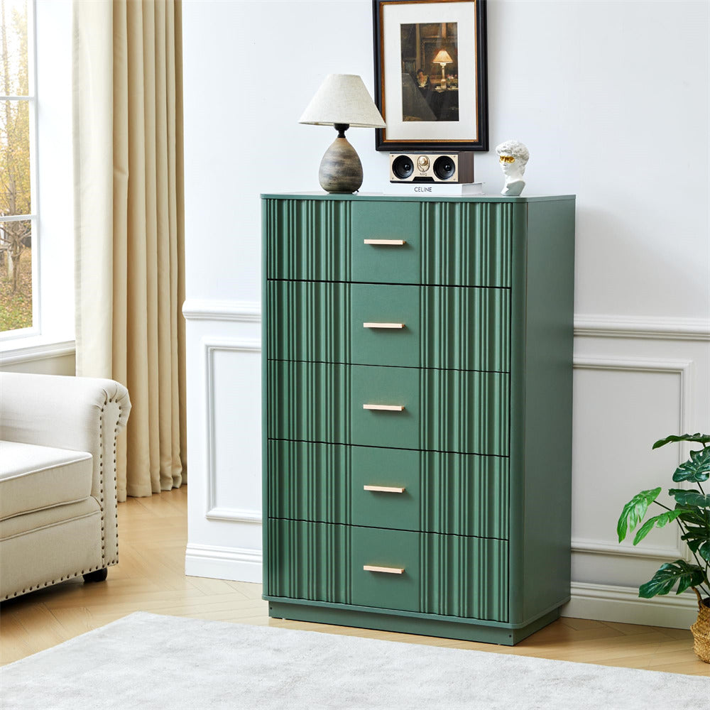 Green 5 drawers dresser with decorative items in a room with a window and plant