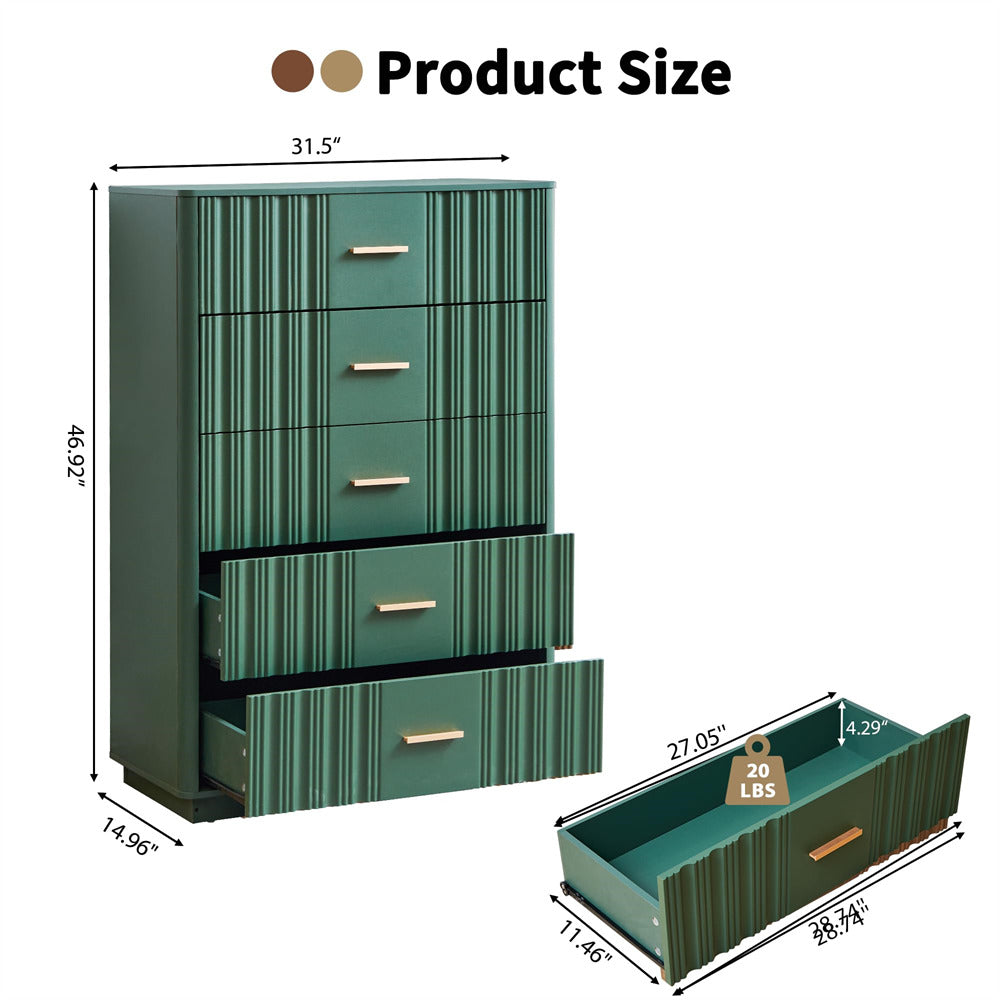 Green 5 drawers dresser with dimensions and weight label on a white background