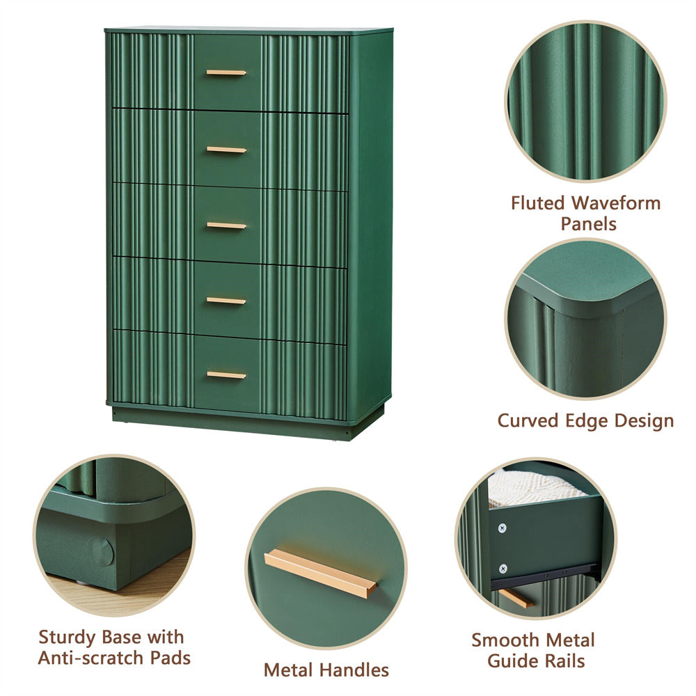 Green 5 drawers dresser with fluted waveform panels, curved edge design, sturdier base, metal handles, and smooth metal guide rails.