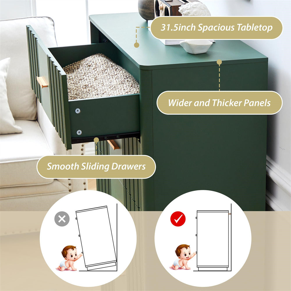 Green side table with storage drawers in a living room setting, featuring text on product features.