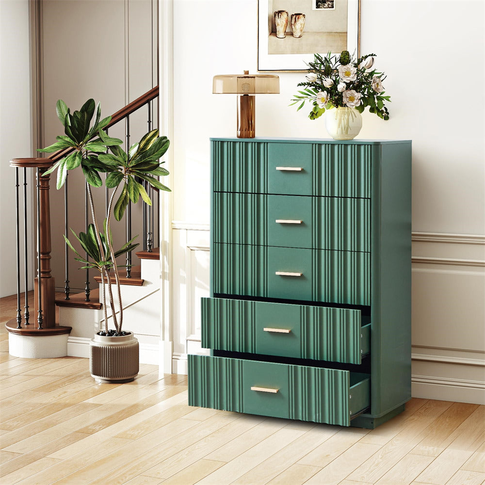 Green striped dresser in a room with plants and a lamp