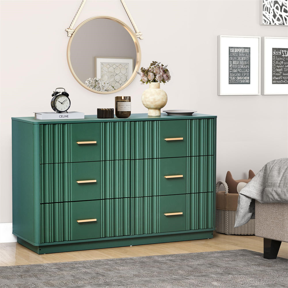 Green 47" Wide Modern Wood Fluted 6 Drawers Dresser with Curved Profile Design