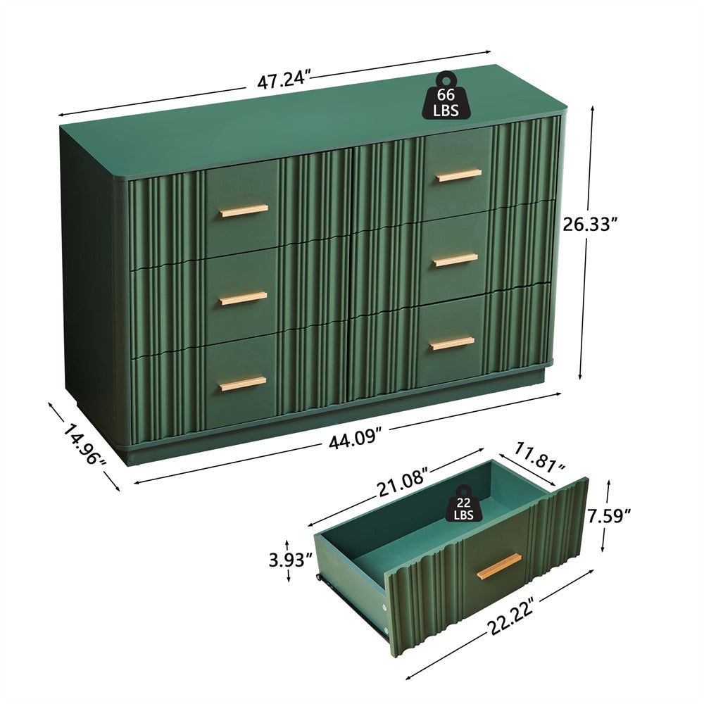 Green 47" Wide Modern Wood Fluted 6 Drawers Dresser with Curved Profile Design