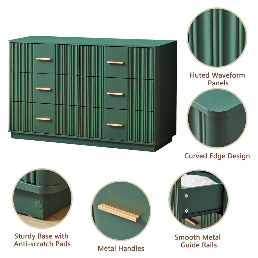 Green dresser with fluted waveform panels, curved edge design, metal handles, and anti-scratch pads.