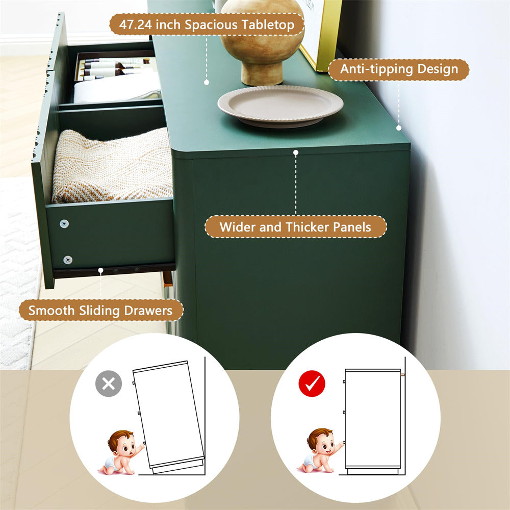 Green dresser with features highlighted on a white background