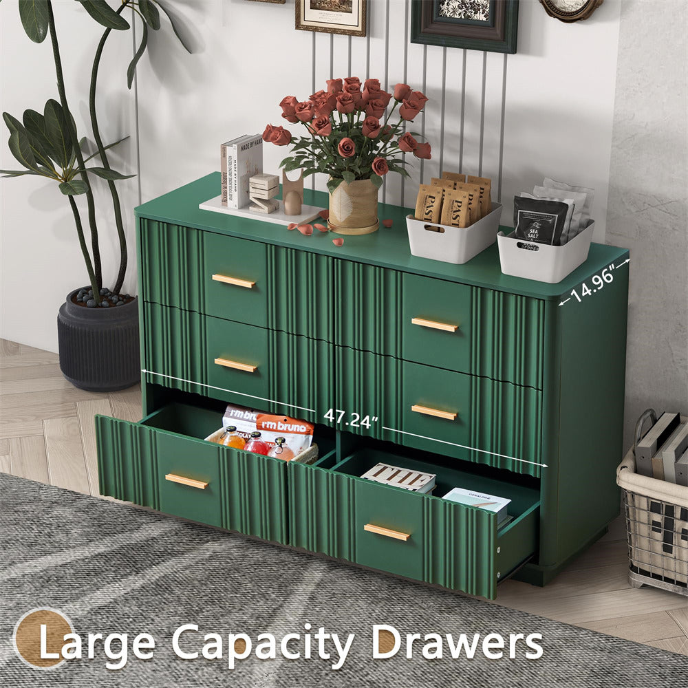 Green 47" Wide Modern Wood Fluted 6 Drawers Dresser with Curved Profile Design