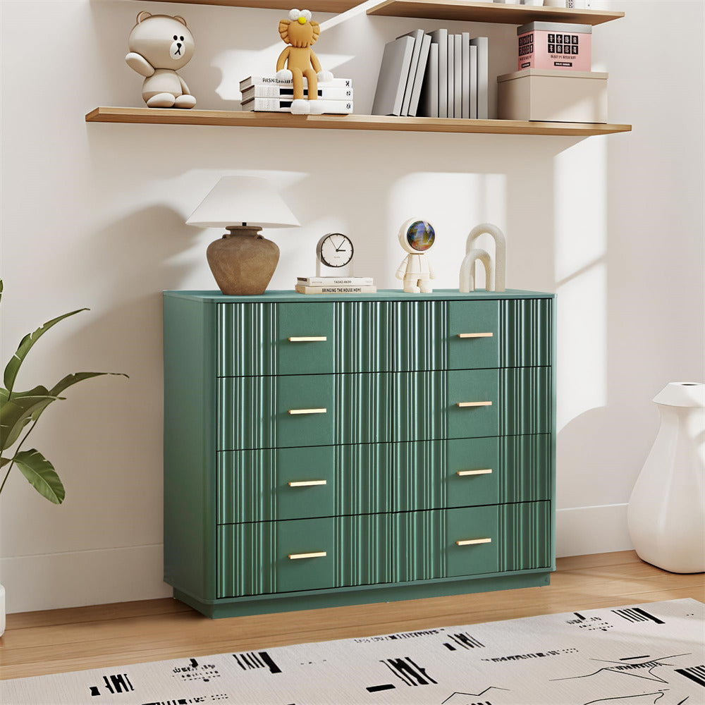 Green 47" Wide Modern Wood Fluted 8 Drawers Dresser with Curved Profile Design
