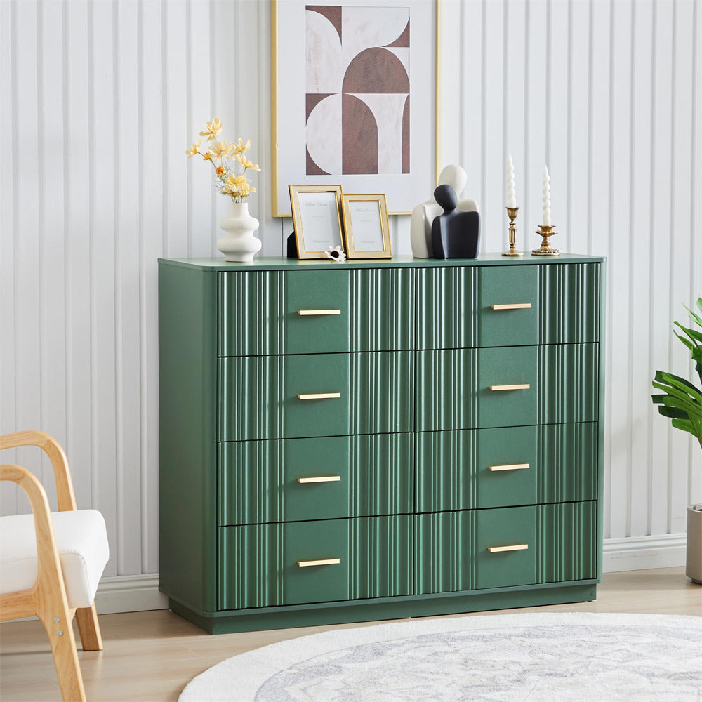 Green 47" Wide Modern Wood Fluted 8 Drawers Dresser with Curved Profile Design