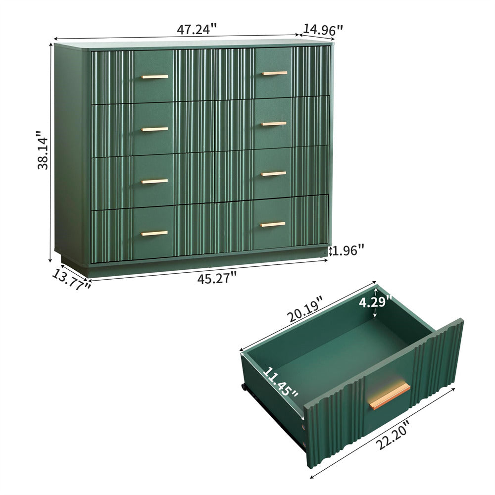 Green 47" Wide Modern Wood Fluted 8 Drawers Dresser with Curved Profile Design