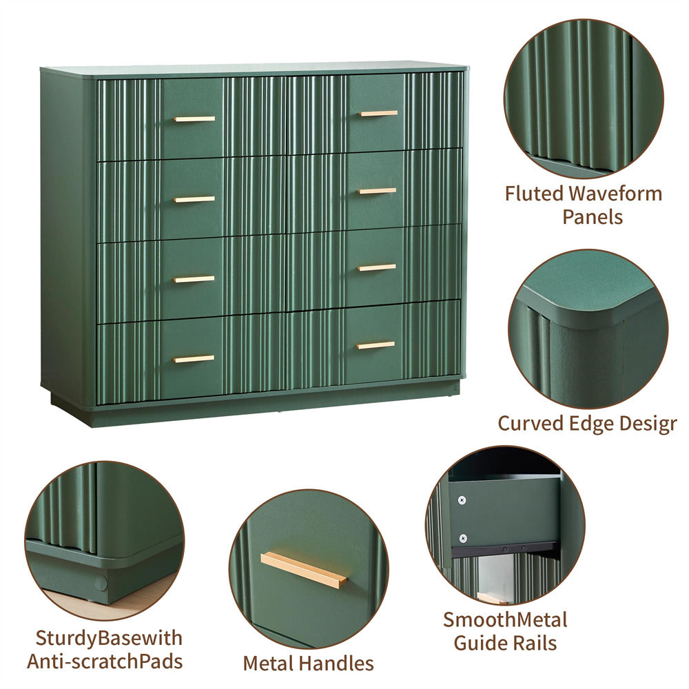 Green 47" Wide Modern Wood Fluted 8 Drawers Dresser with Curved Profile Design
