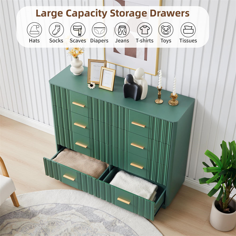 Green 47" Wide Modern Wood Fluted 8 Drawers Dresser with Curved Profile Design