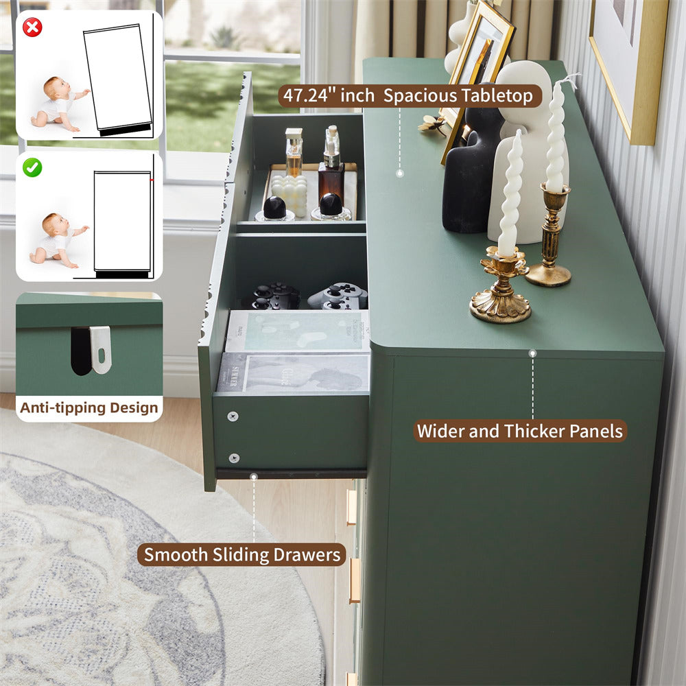 Green 47" Wide Modern Wood Fluted 8 Drawers Dresser with Curved Profile Design