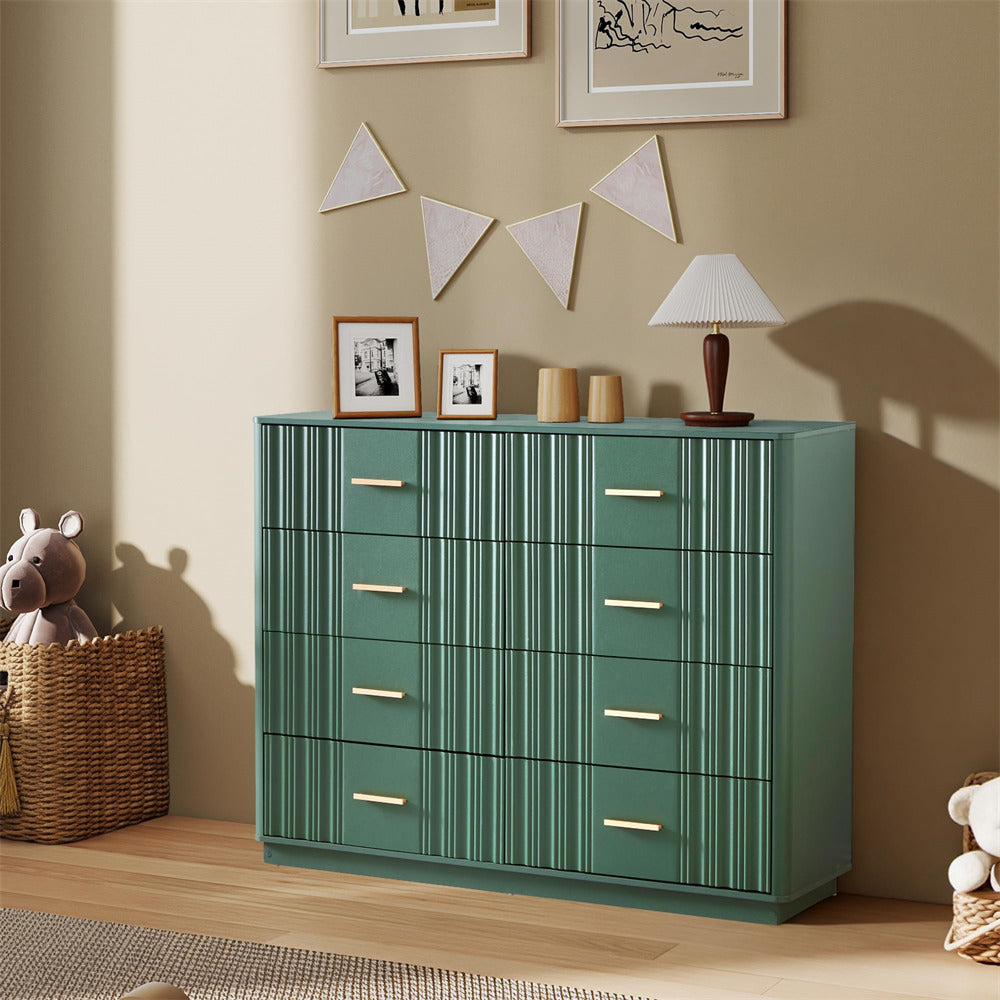 Green 47" Wide Modern Wood Fluted 8 Drawers Dresser with Curved Profile Design