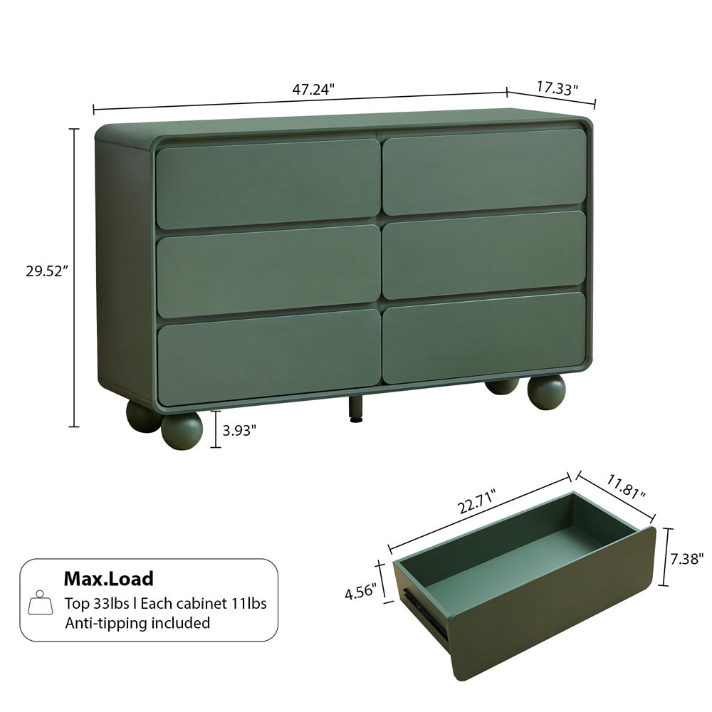 Green dresser with dimensions and weight capacity details on a white background