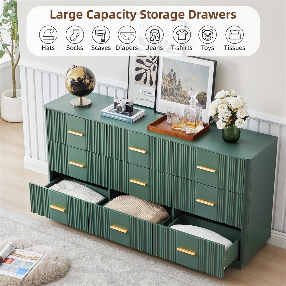 Green 9 drawers dresser with open drawers in a room setting, featuring large capacity storage drawers.