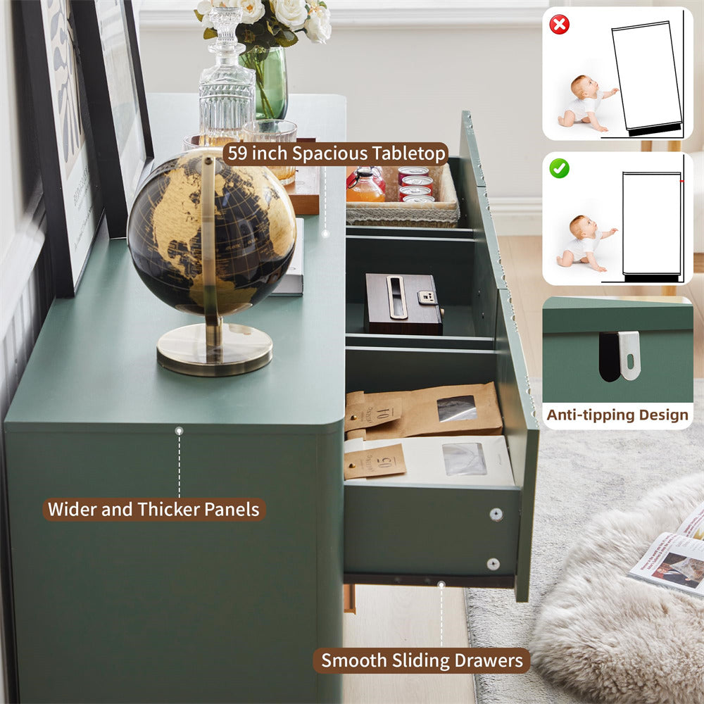 Green desk with features highlighted, including a globe and open drawers.